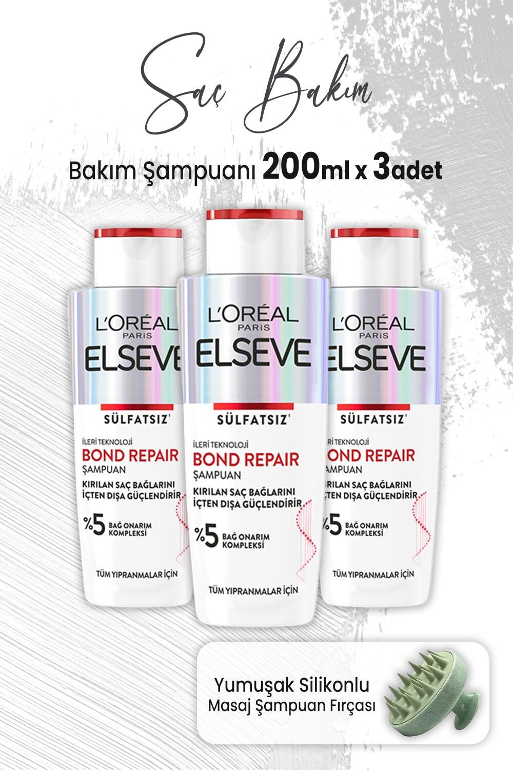 Elseve Bond Repair Şampuan Sülfatsız 200 ml x 3 Adet ve Masaj Şampuan Fırçası Yeşil