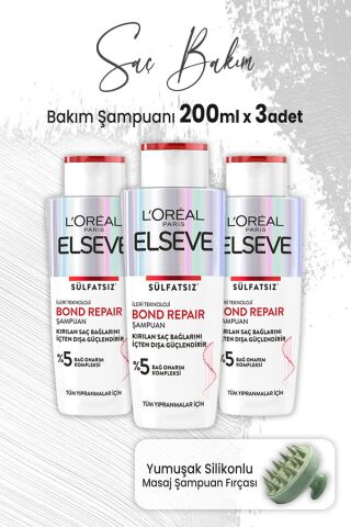 Elseve Bond Repair Şampuan Sülfatsız 200 ml x 3 Adet ve Masaj Şampuan Fırçası Yeşil