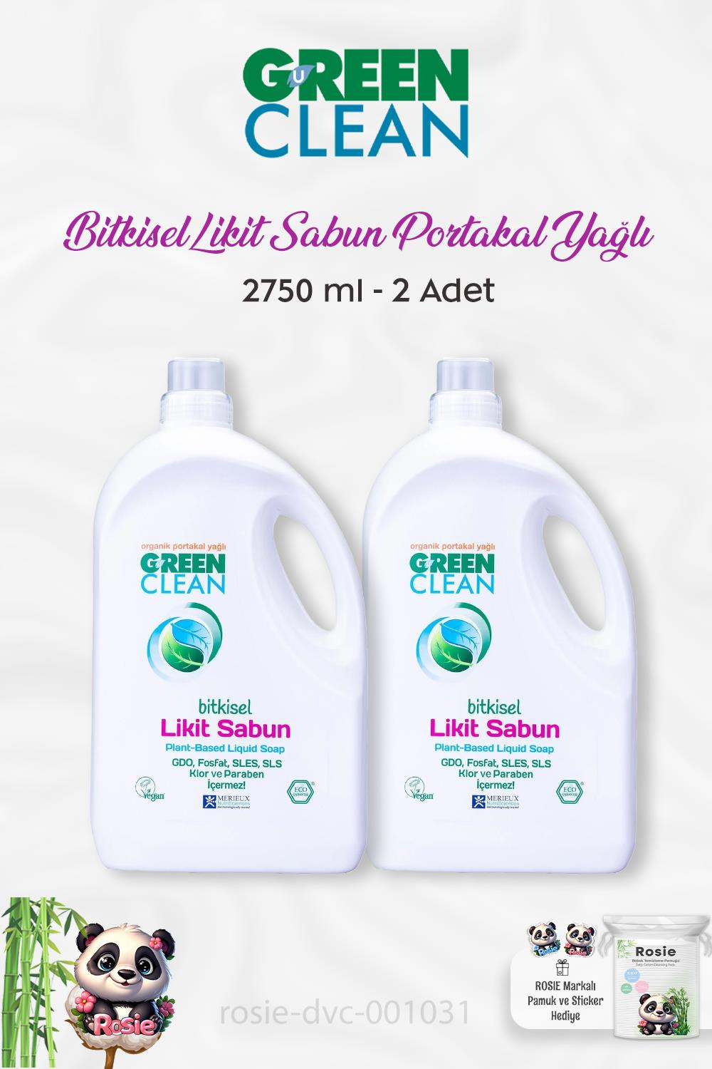 2 Adet Green Clean Bitkisel Likit Sabun Portakal Yağlı 2750 ml ve ROSIE