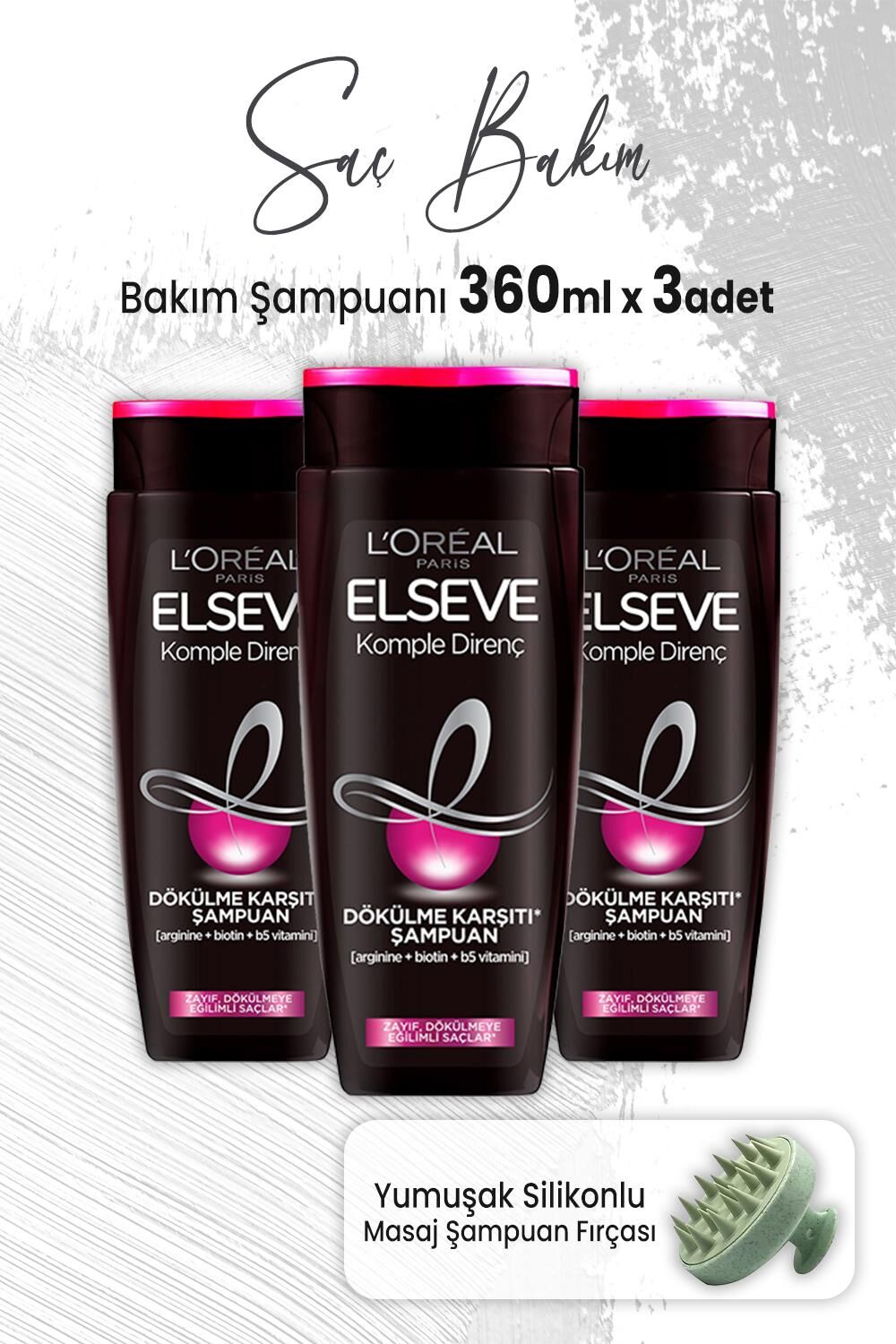 Elseve Komple Direnç Dökülme Karşıtı Şampuan 360 ml x 3 Adet ve Masaj Şampuan Fırçası Yeşil