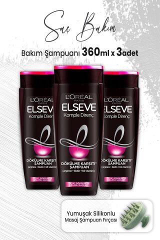 Elseve Komple Direnç Dökülme Karşıtı Şampuan 360 ml x 3 Adet ve Masaj Şampuan Fırçası Yeşil