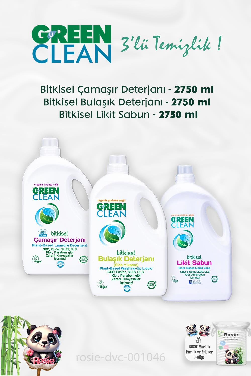 Green Clean Likit Sabun 2.75 kg, Çamaşır Deterjanı 2.75 kg, Bulaşık Deterjanı 2.75 kg ve ROSIE