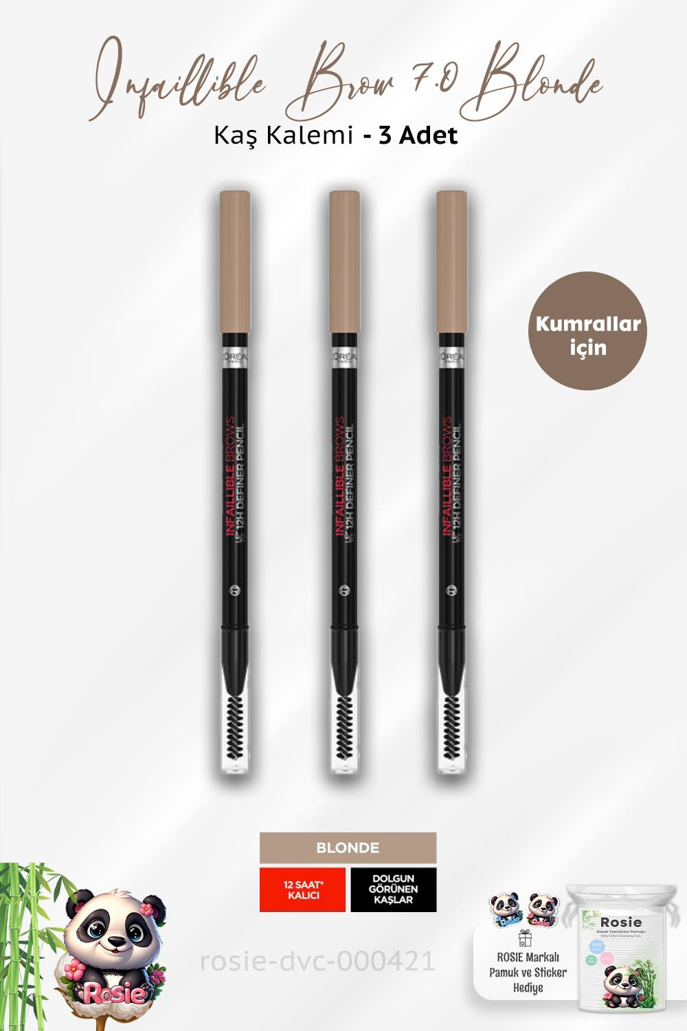 3 Adet Loreal Paris Infaillible Brow 12H 7.0 Blonde Definer Pencil  Kaş Kalemi ve ROSIE