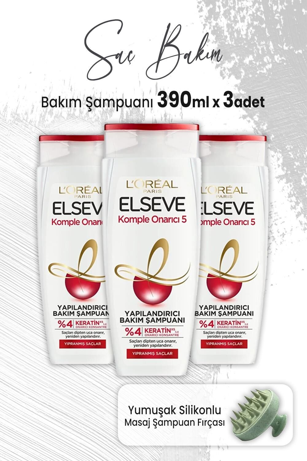Elseve Komple Onarıcı 5 Yapılandırıcı Şampuan 390 ml x 3 Adet ve Masaj Şampuan Fırçası Yeşil