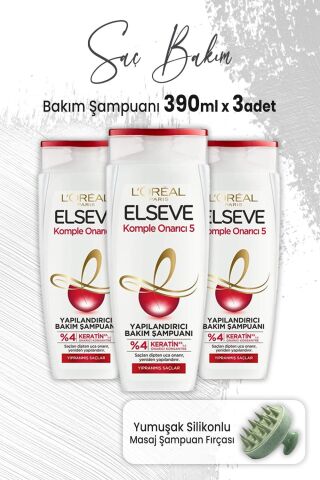 Elseve Komple Onarıcı 5 Yapılandırıcı Şampuan 390 ml x 3 Adet ve Masaj Şampuan Fırçası Yeşil