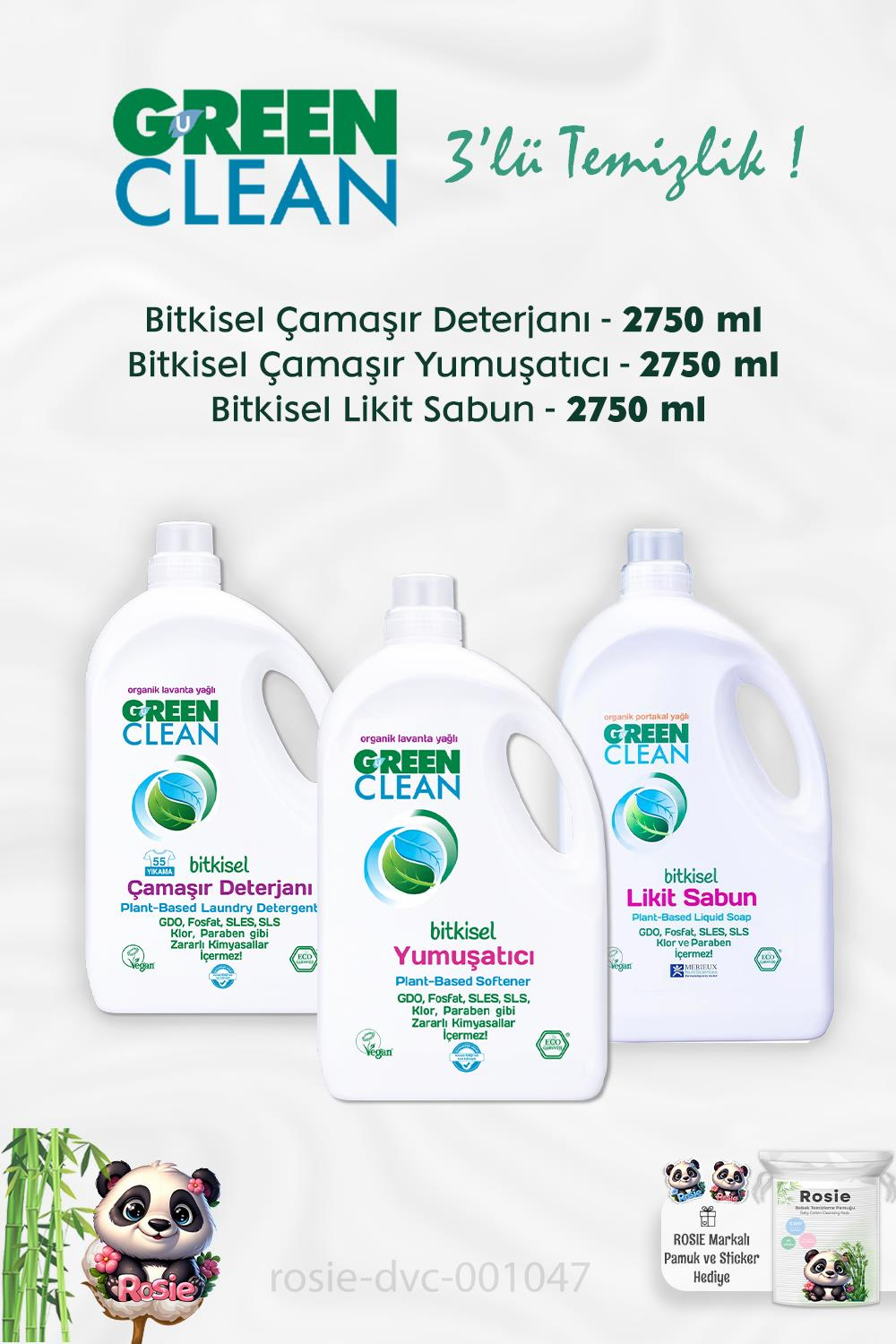 Green Clean  Sıvı Çamaşır Deterjanı 2.75 kg, Çamaşır Yumuşatıcısı 2.75 kg, Likit Sabun 2.75 kg ve ROSIE