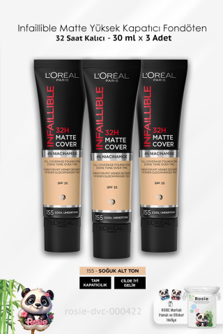 3 Adet Loreal Paris Infaillible Yüksek Kapatıcı Fondöten - 155 Soğuk Alt Ton 30 ml ve ROSIE
