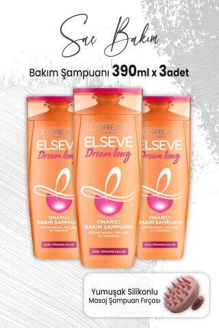 Elseve Dream Long Onarıcı Bakım Şampuanı 390 ml x 3 Adet ve Masaj Şampuan Fırçası Pembe