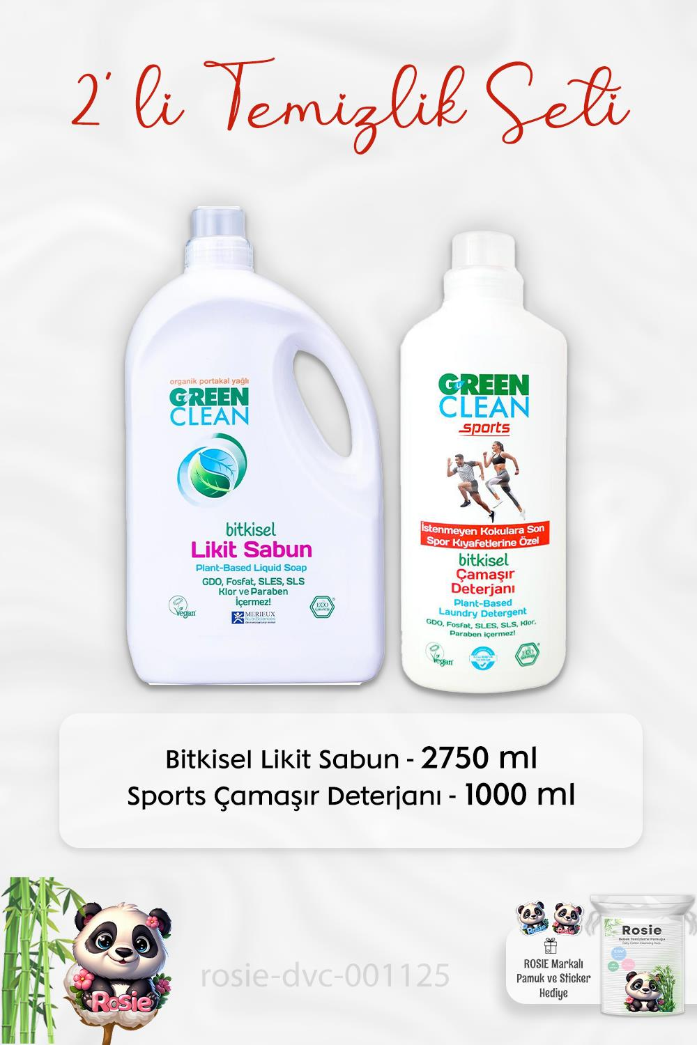 Green Clean Bitkisel Likit Sabun 2750 ml, Sports Çamaşır Deterjanı 1 lt ve ROSIE