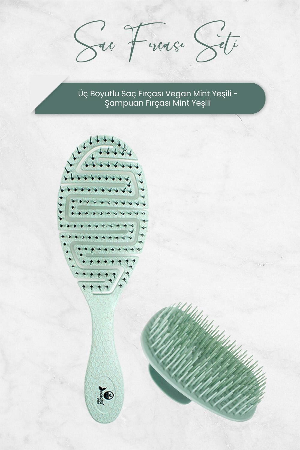Nascita Üç Boyutlu Saç Fırçası Vegan Mint Yeşili ve Şampuan Fırçası Mint Yeşili