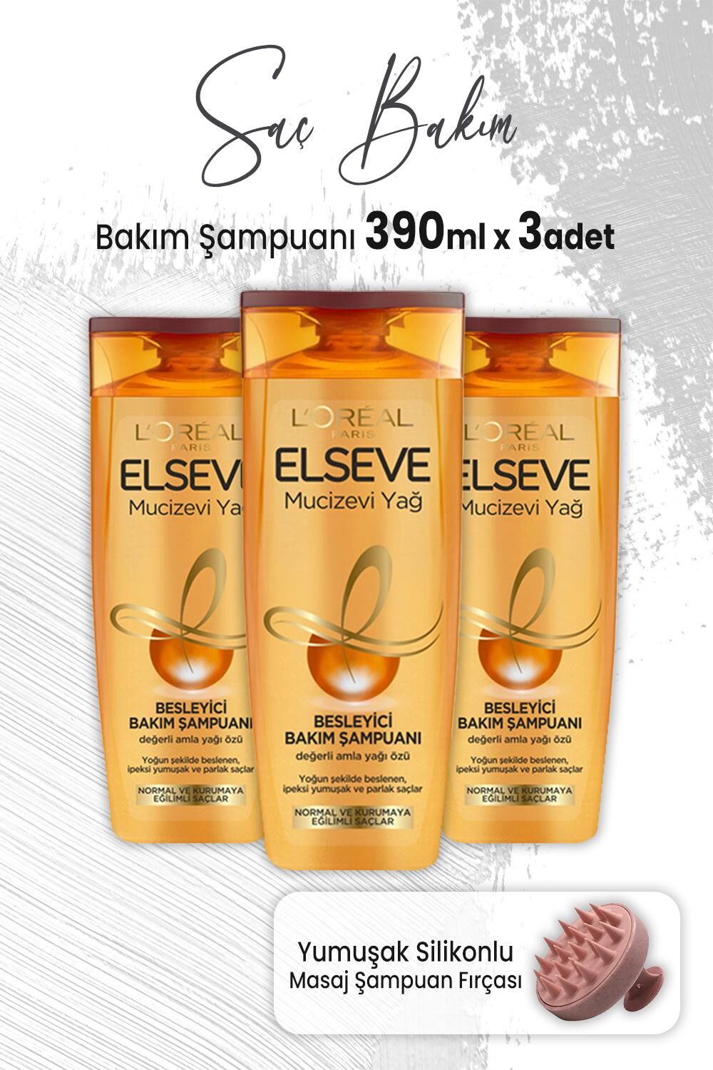 Elseve Mucizevi Yağ Şampuan Amla Yağı 390 ml x 3 Adet ve Masaj Şampuan Fırçası Pembe