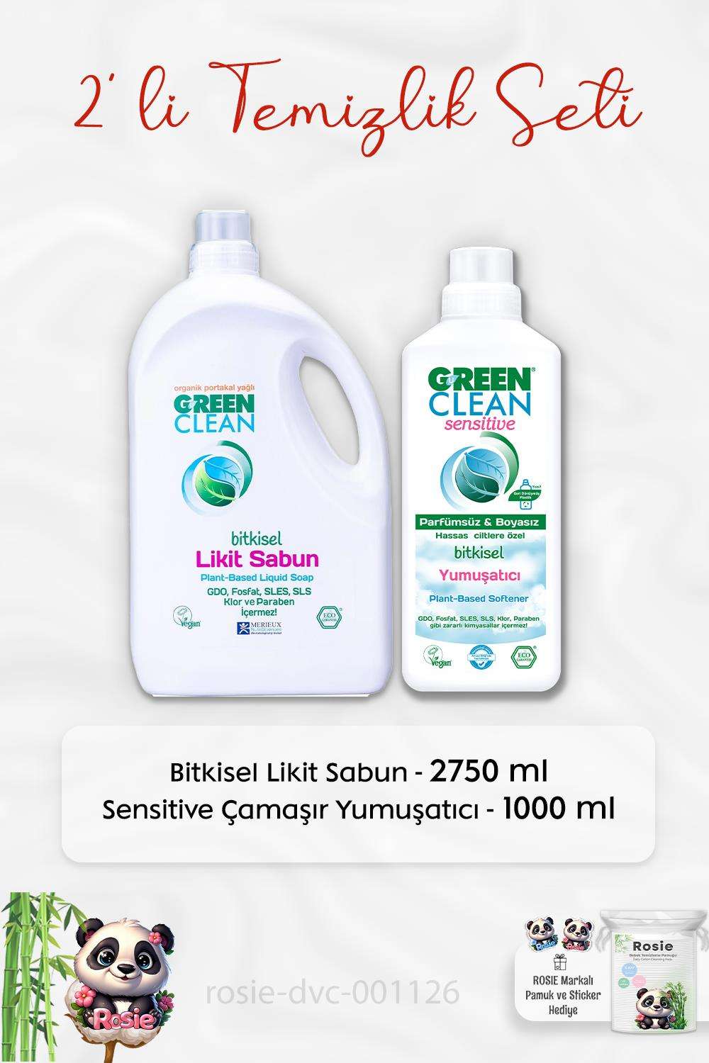 Green Clean Bitkisel Likit Sabun 2750 ml, Sensitive Yumuşatıcı 1 lt ve ROSIE