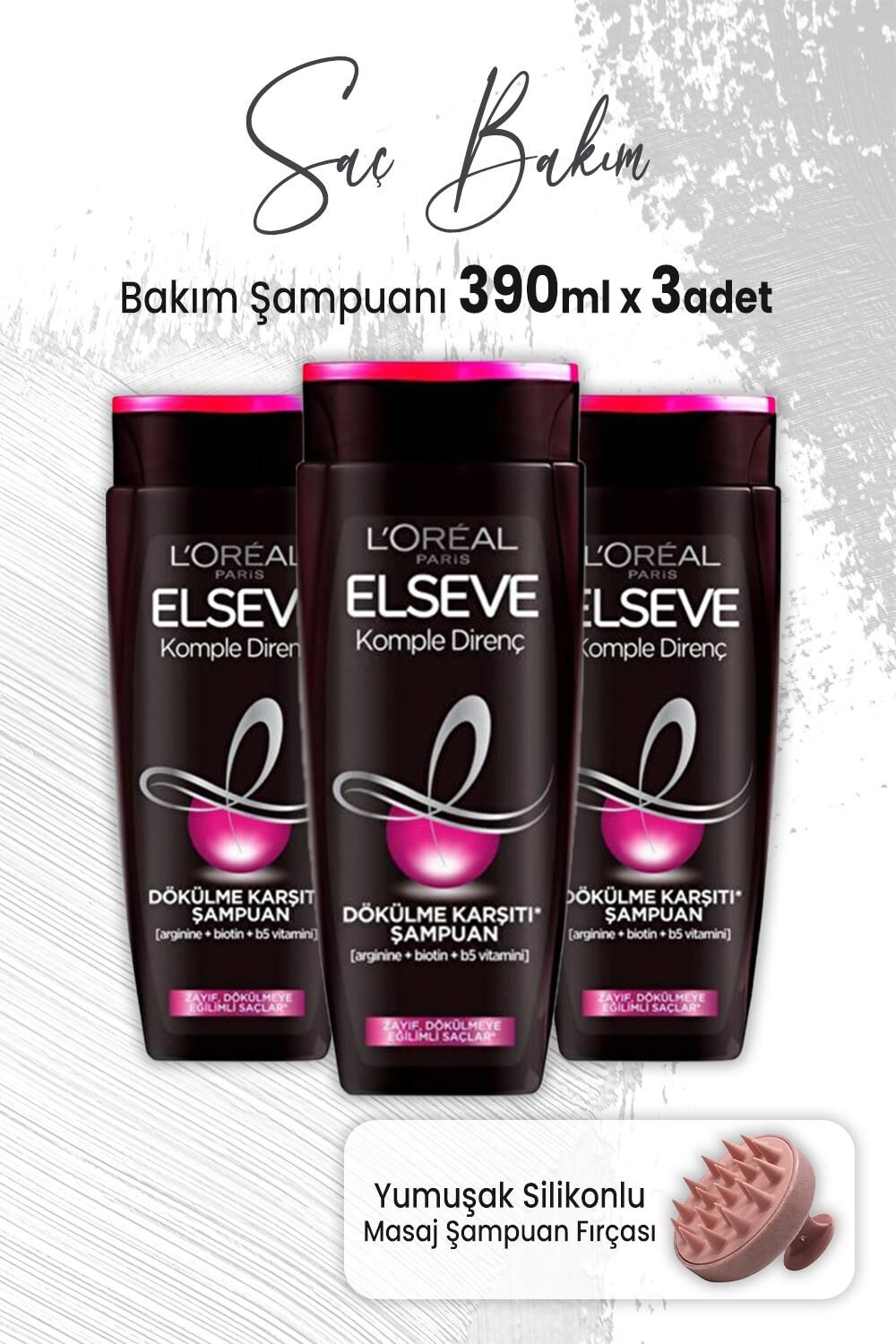 Elseve Komple Direnç Dökülme Karşıtı Şampuan 390 ml x 3 Adet ve Masaj Şampuan Fırçası Pembe