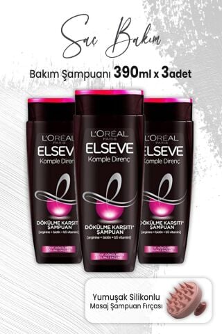 Elseve Komple Direnç Dökülme Karşıtı Şampuan 390 ml x 3 Adet ve Masaj Şampuan Fırçası Pembe