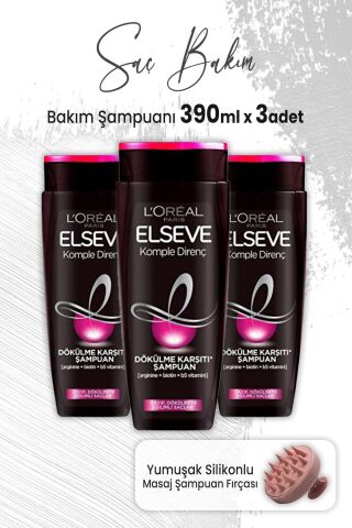 Elseve Komple Direnç Dökülme Karşıtı Şampuan 390 ml x 3 Adet ve Masaj Şampuan Fırçası Pembe