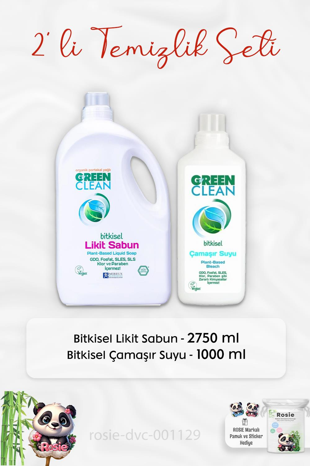 Green Clean Bitkisel Likit Sabun 2750 ml, Çamaşır Suyu 1 lt ve ROSIE