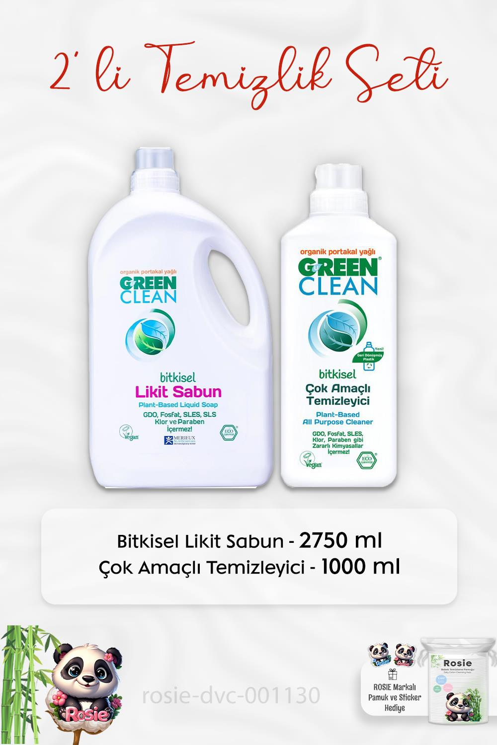 Green Clean Bitkisel Likit Sabun 2750 ml, Çok Amaçlı Temizleyici  1 lt ve ROSIE
