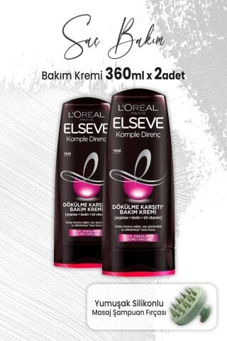 Elseve Komple Direnç Dökülme Karşıtı Bakım Kremi 360 ml x 2 Adet ve Masaj Şampuan Fırçası Yeşil