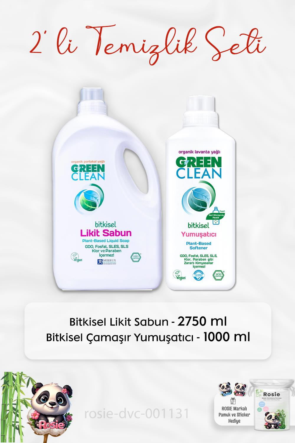 Green Clean Bitkisel Likit Sabun 2750 ml, Çamaşır Yumuşatıcısı 1 lt ve ROSIE