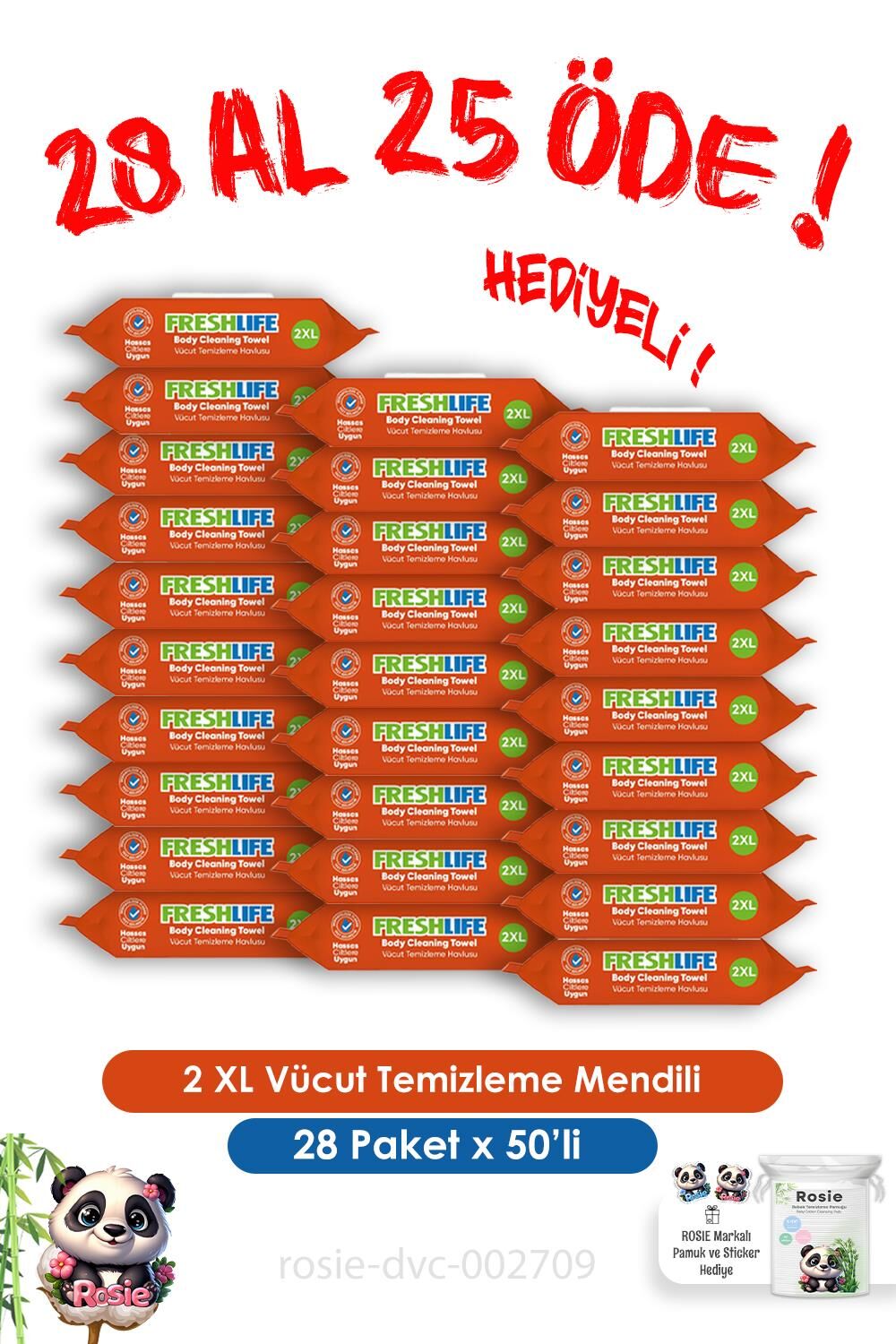 2 XL Vücut Temizleme Havlusu 50'li Freshlife 28 Al 25 Öde