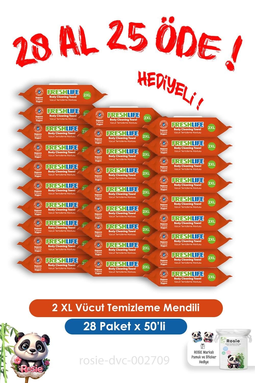 2 XL Vücut Temizleme Havlusu 50'li Freshlife 28 Al 25 Öde