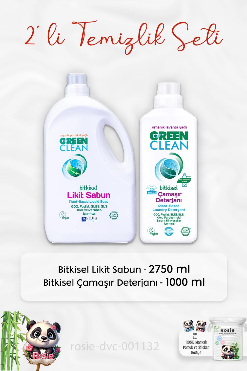 Green Clean Bitkisel Likit Sabun 2750 ml, Çamaşır Deterjanı 1 lt ve ROSIE