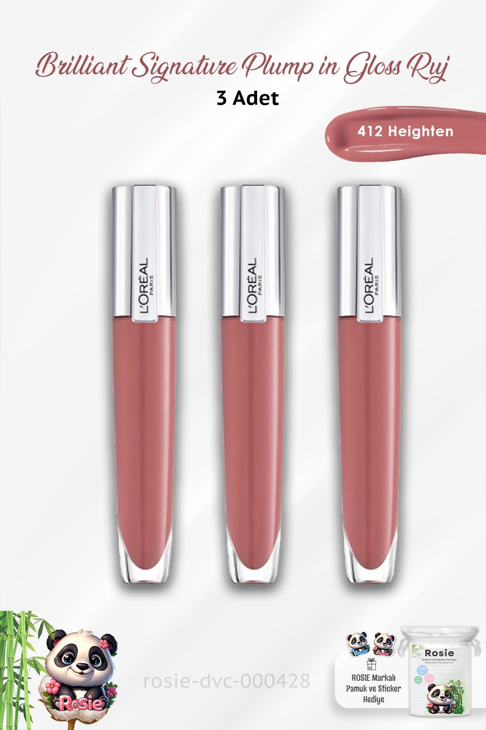 3 Adet Loreal Paris Brilliant Signature Plump in Gloss Ruj 412 Heighten ve ROSIE
