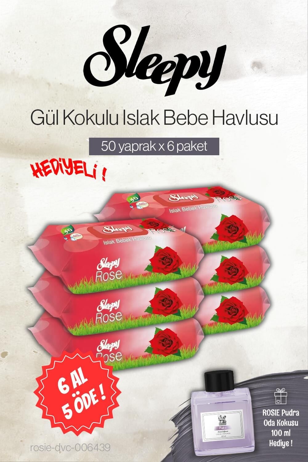 Sleepy 50'li Gül Kokulu Bebe Islak Havlu 6 AL 5 ÖDE, Rosie Pudra Oda Kokusu