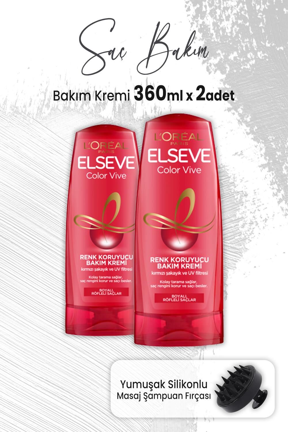 Elseve Color Vive Renk Koruyucu Krem 360 ml x 2 Adet ve Masaj Şampuan Fırçası Siyah