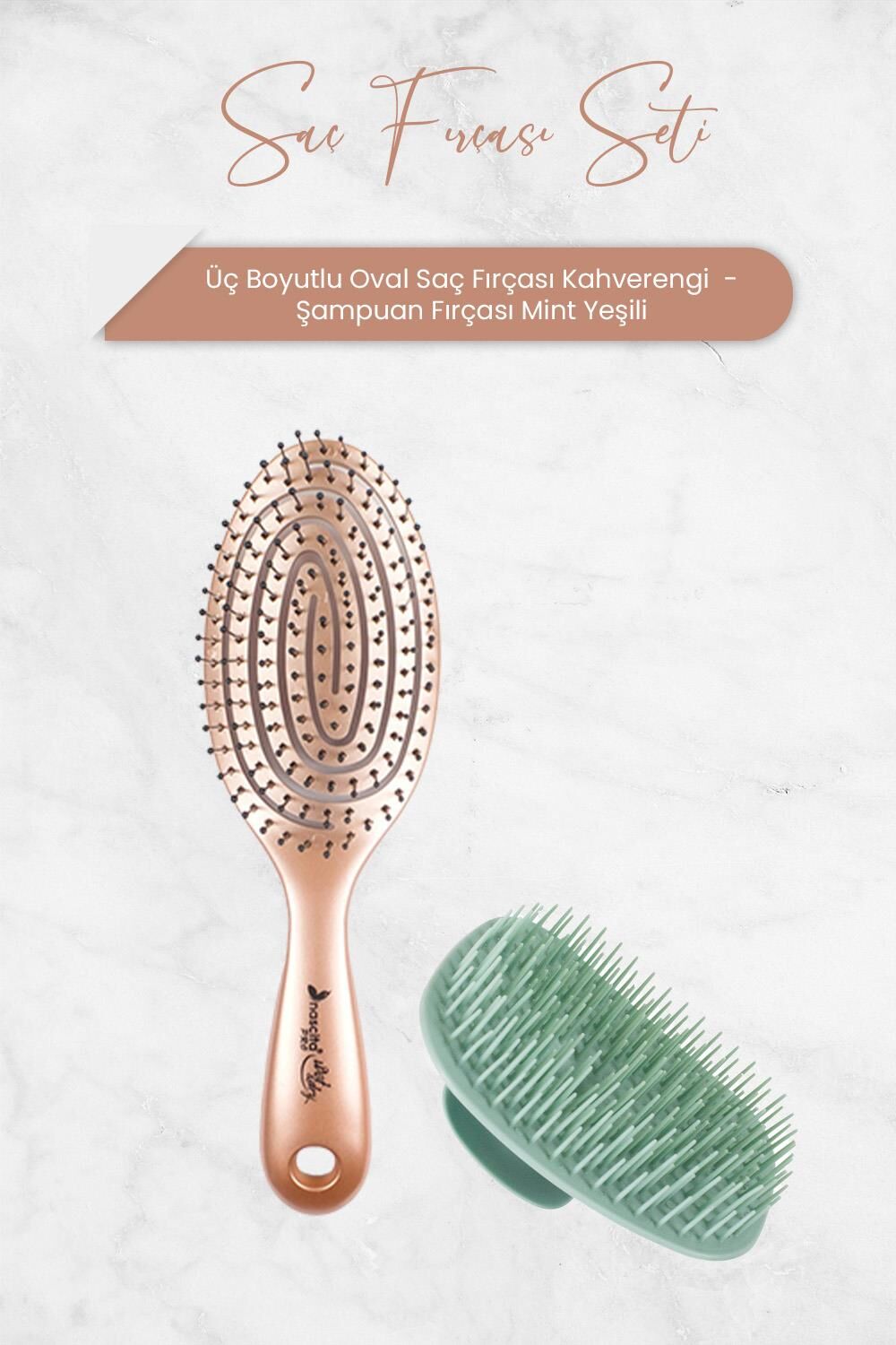 Nascita Üç Boyutlu Oval Saç Fırçası Kahverengi ve Şampuan Fırçası Mint Yeşili