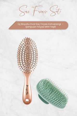 Nascita Üç Boyutlu Oval Saç Fırçası Kahverengi ve Şampuan Fırçası Mint Yeşili