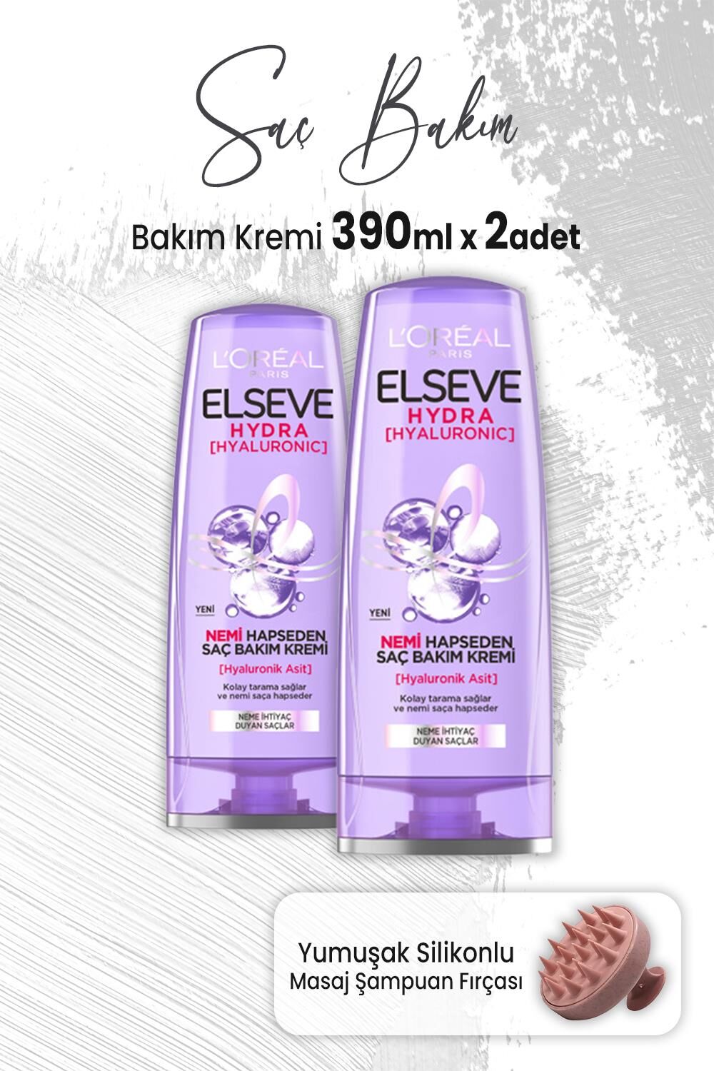Elseve Hydra Hyaluronik Saç Kremi 390 ml x 2 Adet ve Masaj Şampuan Fırçası Pembe