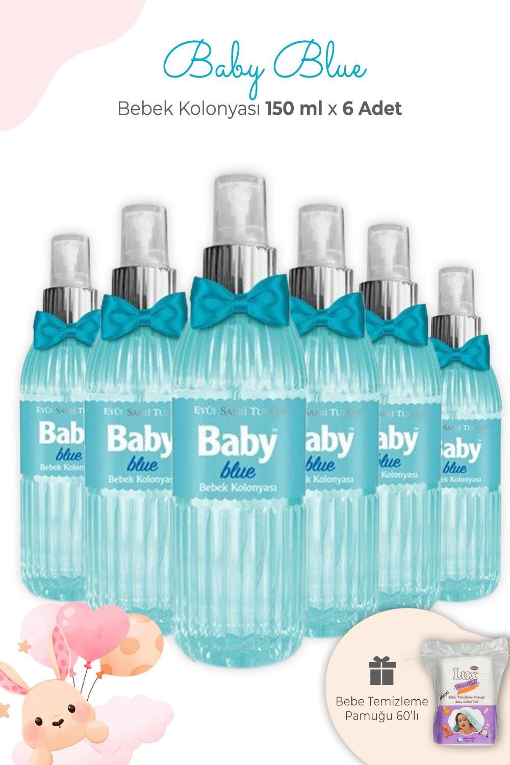 Eyüp Sabri Tuncer Baby Blue Bebek Kolonyası 150 ml x 6 Adet ve Kare Bebek Pamuğu