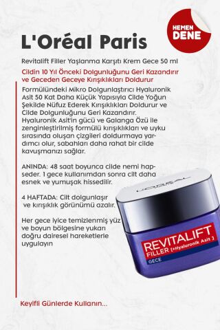 Loreal Paris Revitalift Filler Yaşlanma Karşıtı Krem Gece 50 ml