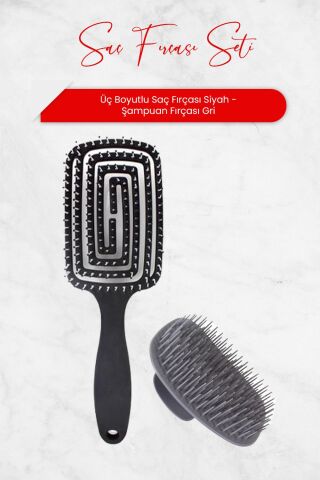 Nascita Üç Boyutlu Saç Fırçası Siyah ve Şampuan Fırçası Gri