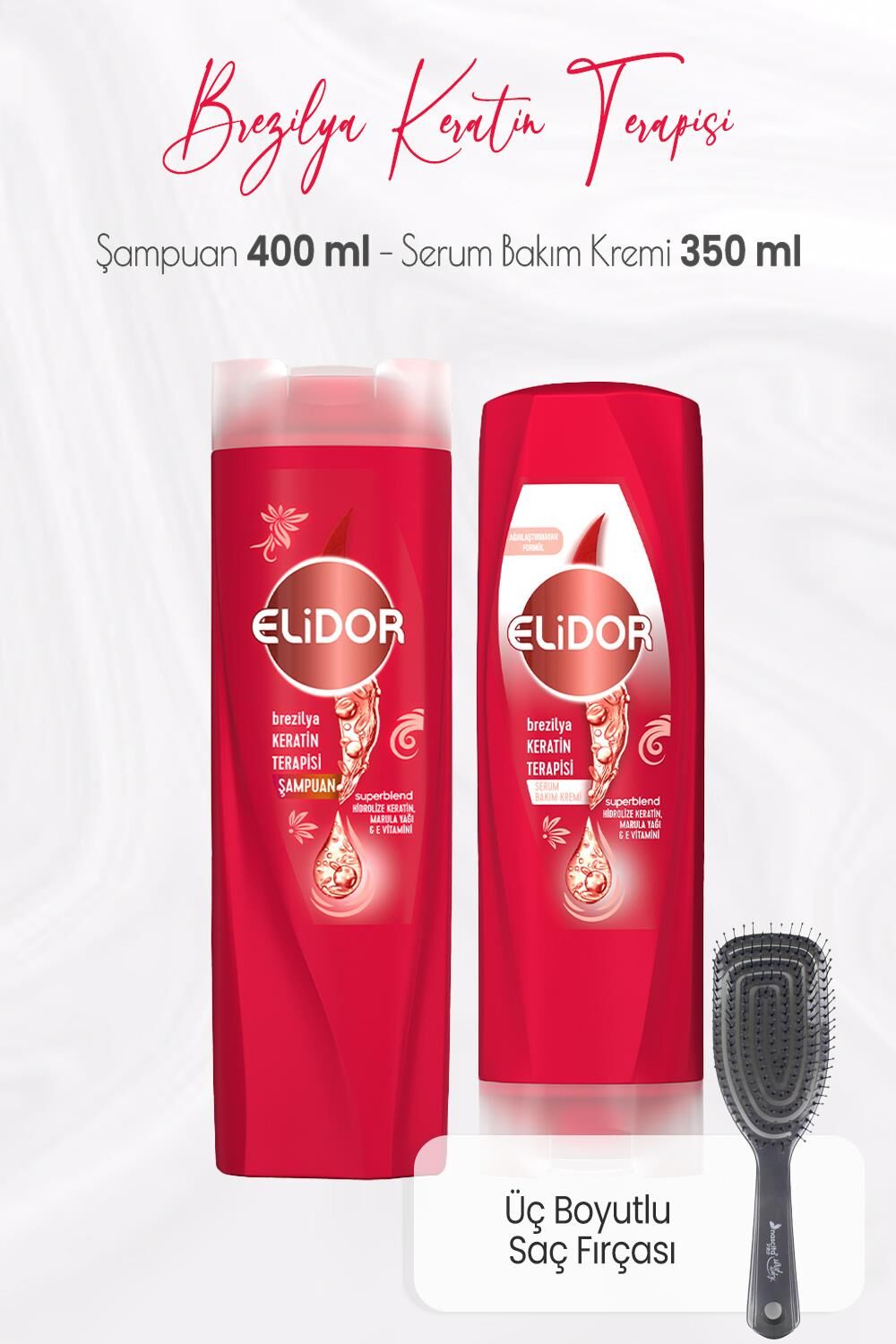 Elidor Superblend Brezilya Keratin Terapisi Şampuan 400 ml, Serum Bakım Kremi 350 ml ve Üç Boyutlu Saç Fırçası