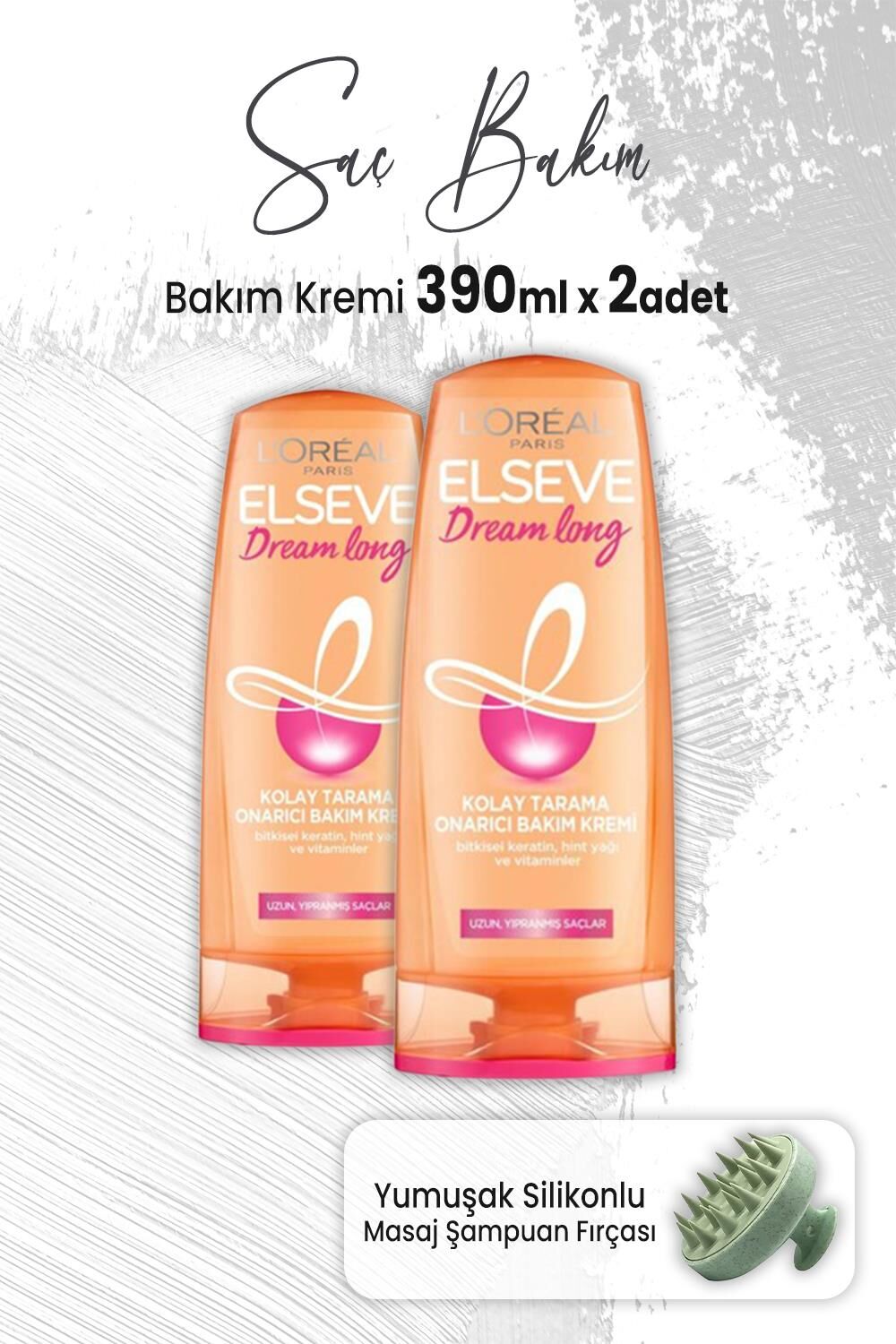Elseve Dream Long Onarıcı Krem 390 ml x 2 Adet ve Masaj Şampuan Fırçası Yeşil