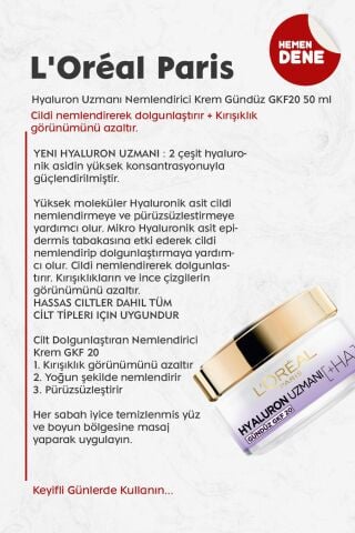 Loreal Paris Hyaluron Uzmanı Nemlendirici Krem Gündüz GKF20 50 ml