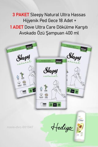 Sleepy Natural Hijyenik Ped Gece 18 Adet  X 3 ve Hediye Dove Avokado Özü 400 ml