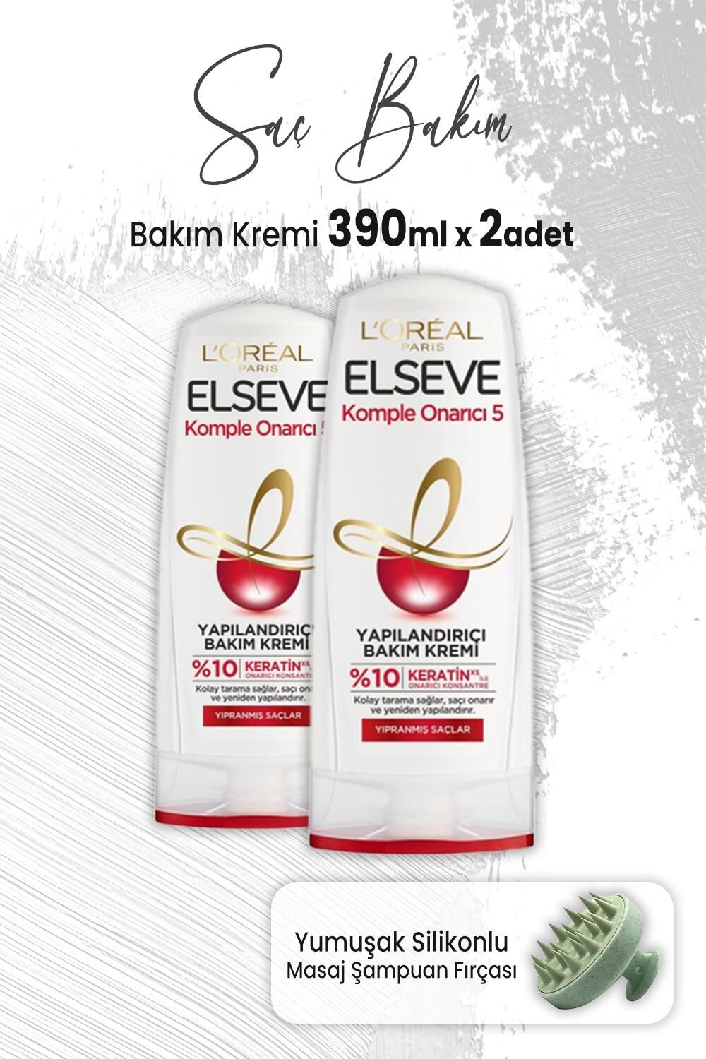 Elseve Komple Onarıcı 5 Yapılandırıcı Krem 390 ml x 2 Adet ve Masaj Şampuan Fırçası Yeşil