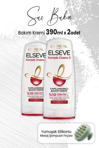 Elseve Komple Onarıcı 5 Yapılandırıcı Krem 390 ml x 2 Adet ve Masaj Şampuan Fırçası Yeşil