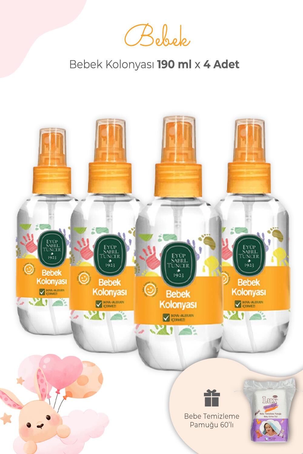 Eyüp Sabri Tuncer Bebek Kolonyası 190 ml x 4 Adet ve Kare Bebek Pamuğu