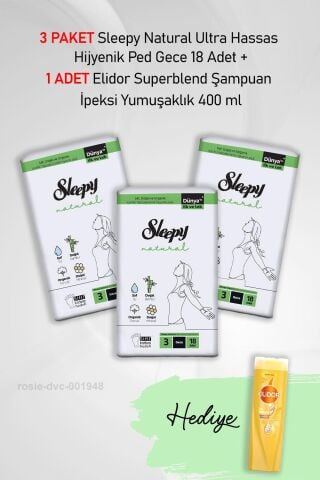 Sleepy Natural Hijyenik Ped Gece 18 Adet  X 3 ve Hediye Elidor İpeksi Yumuşaklık 400 ml