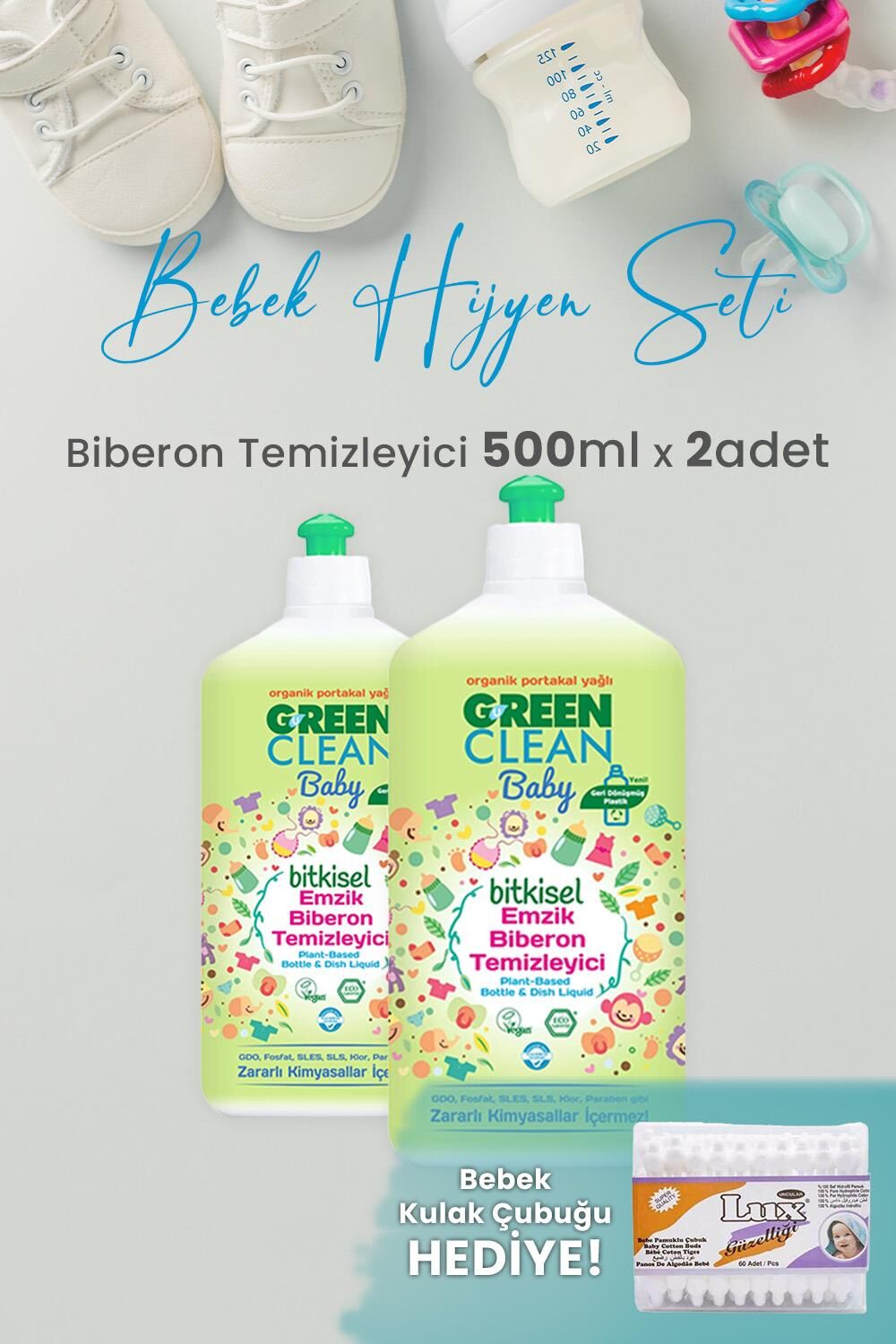 U green Clean Baby Bitkisel Biberon Emzik Temizleyici 500 ml x 2 Adet ve Hediyeli