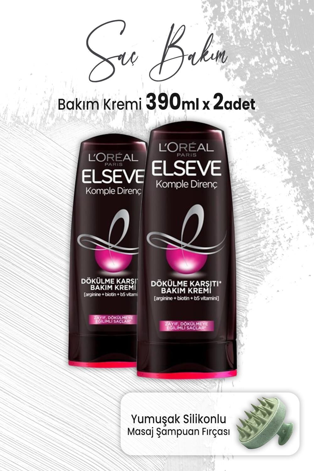 Elseve Komple Direnç Dökülme Karşıtı Krem 390 ml x 2 Adet ve Masaj Şampuan Fırçası Yeşil