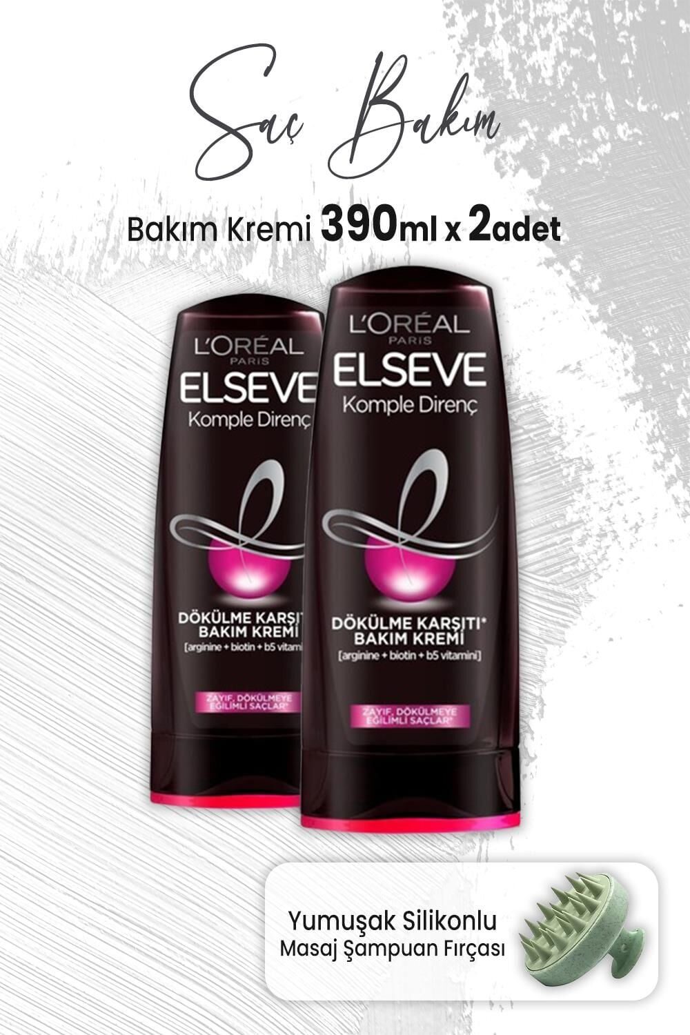 Elseve Komple Direnç Dökülme Karşıtı Krem 390 ml x 2 Adet ve Masaj Şampuan Fırçası Yeşil