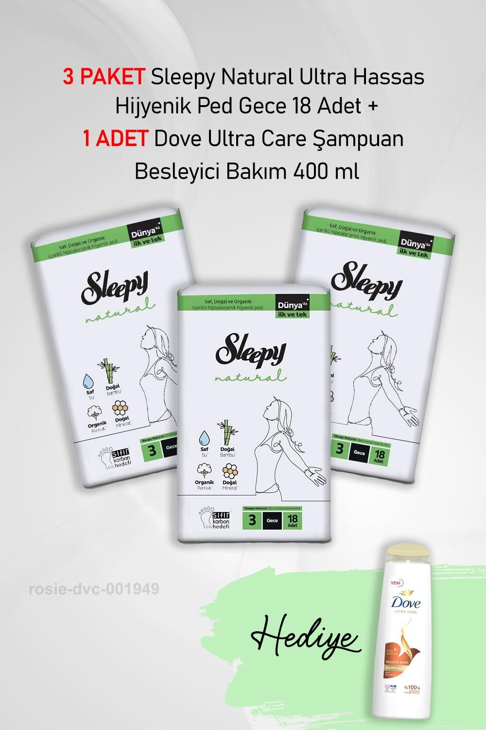 Sleepy Natural Hijyenik Ped Gece 18 Adet  X 3 ve Hediye Dove 400 ml