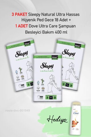Sleepy Natural Hijyenik Ped Gece 18 Adet  X 3 ve Hediye Dove 400 ml