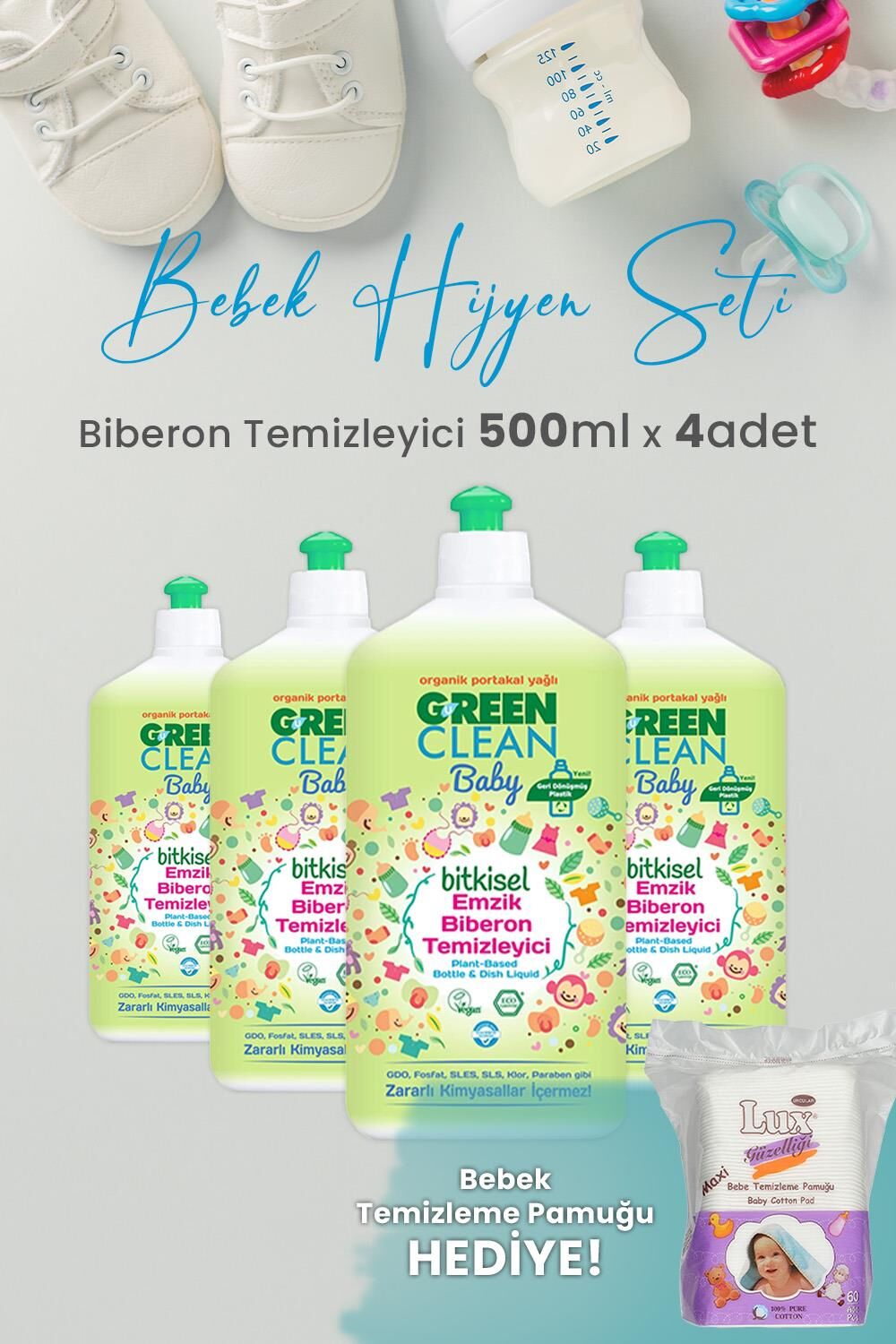 U green Clean Baby Bitkisel Biberon Emzik Temizleyici 500 ml x 4 Adet ve Hediyeli