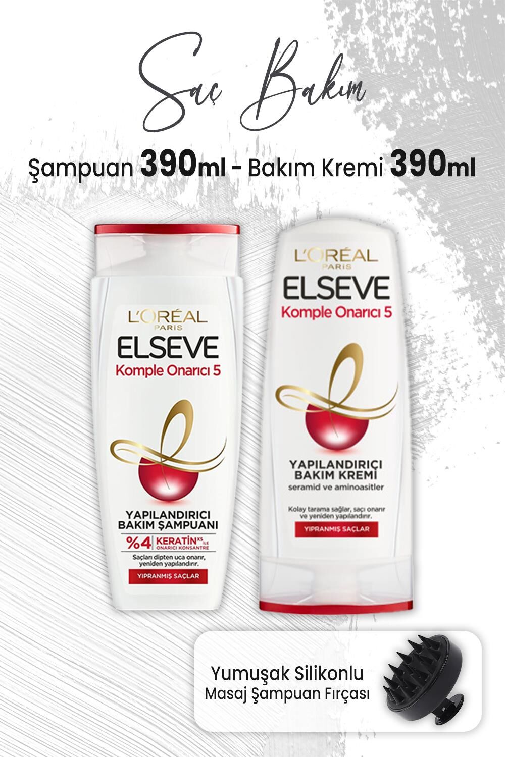 Elseve Komple Onarıcı 5 Şampuan 390 ml, Bakım Kremi 390 ml ve Masaj Şampuan Fırçası Siyah